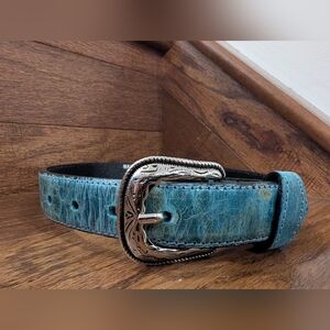 Western Belt Teal Leather, Silver Buckle White/Black Stitching & Gemstones Sz XS